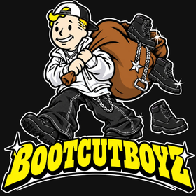 Bootcutboyz mascot in a white hoodie and black jeans, carrying black boots above the yellow wordmark
