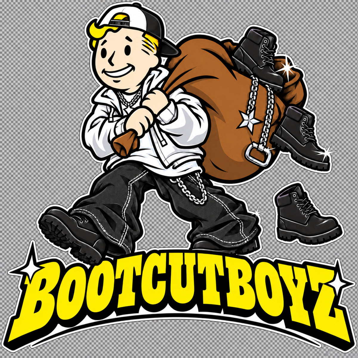 Bootcutboyz mascot in a white hoodie and black jeans, carrying black boots above the yellow wordmark
