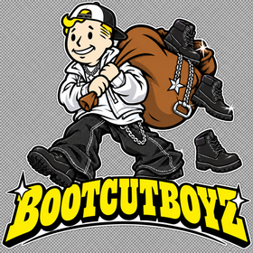 Bootcutboyz mascot in a white hoodie and black jeans, carrying black boots above the yellow wordmark